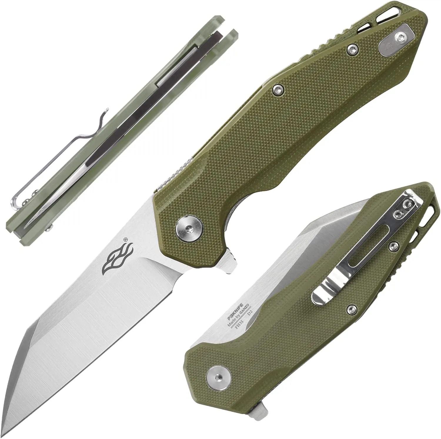 Firebird GANZO FH31-GR Folding Pocket Knife, D2 Steel Blade, G10 Non-Slip Handle with Clip, Hunting, Fishing, Camping, Outdoor, Flipper, EDC Pocket Knife (Green)