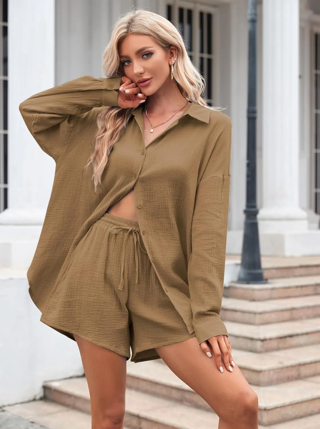 Fixmatti Women 2 Piece Outfits Long Sleeve Button Down Blouse and Shorts Sweatsuit Sets