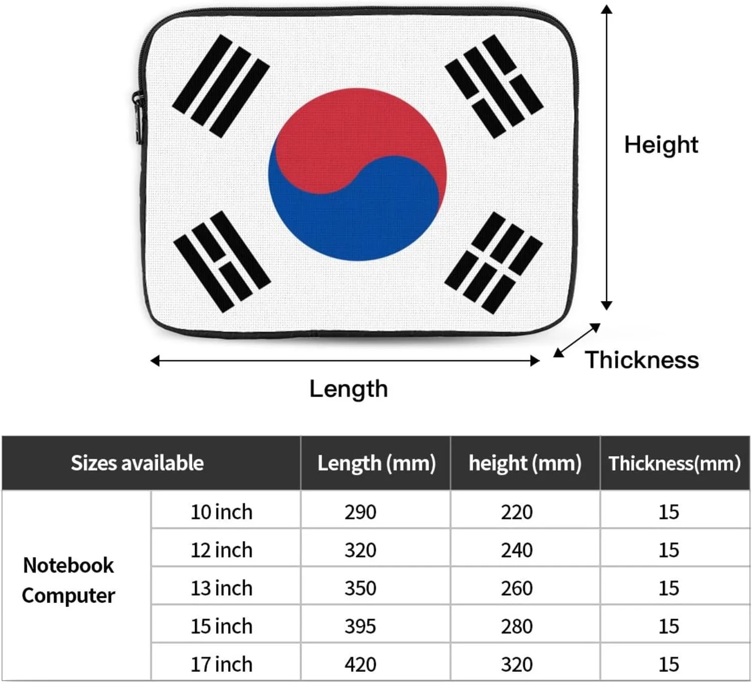 Flag of Republic of Korea Prints Shockproof Portable Laptop Sleeve Bag 15 inch for Men and Women Business Travel, Office Daily Use
