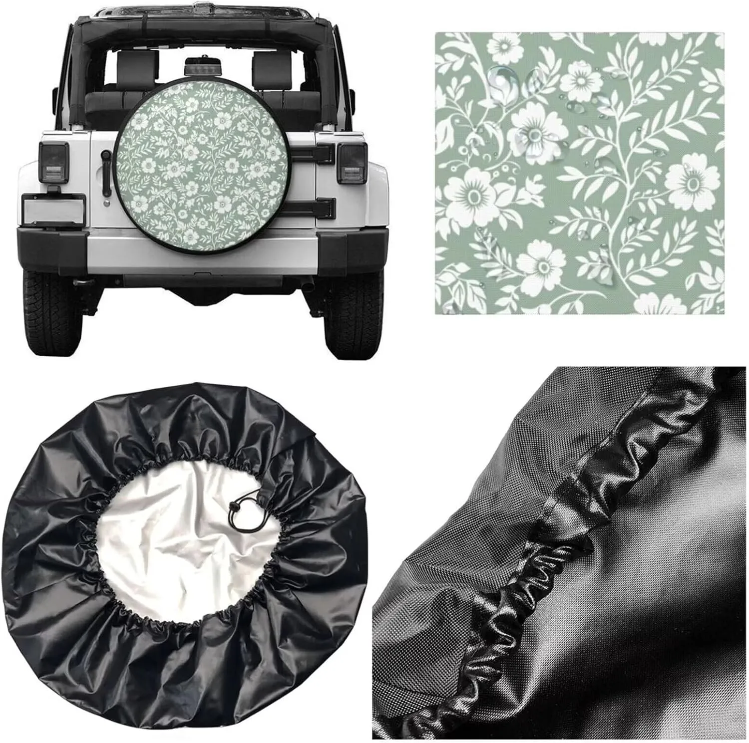 Floral Cute Camping Spare Tire Cover Wheel Protectors Leaf Sage Green Tire Storage Bag Universal for Trailer RV SUV Truck Camper Travel Flower Universal Tire Covering