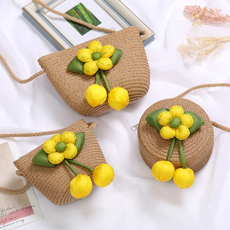 Flowers Straw Woven Cute Mini Seaside Crossbody Bags