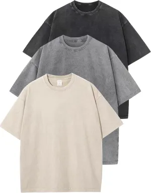 Flygo 3 Pack Men Oversized T Shirts Acid Washed Unisex Tee Loose Fit Short Sleeve Casual Streetwear Baggy Basic Tops