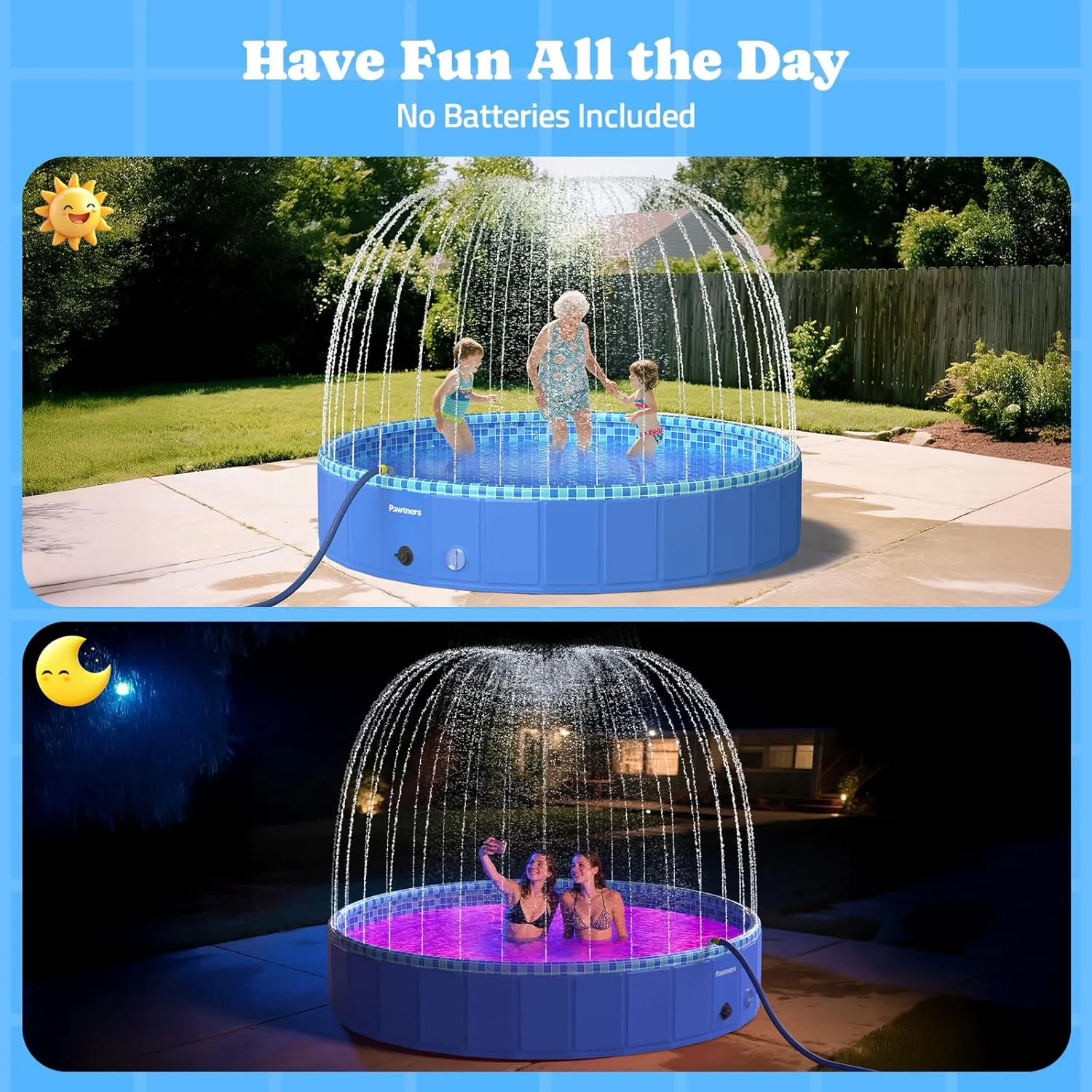 Foldable Dog Pool with Sprinkler RGB LED Light, 71" Collapsible Hard Plastic Kiddie Swimming Splash Pool for Small Medium Large Doggie Kitty Puppy, Pet Bathing Tub Wading Pool for Dogs Blue