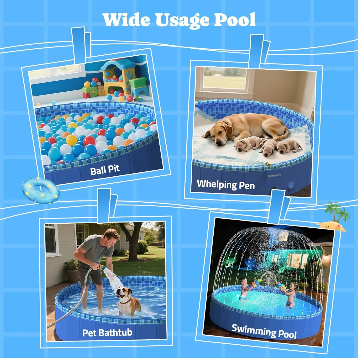 Foldable Dog Pool with Sprinkler RGB LED Light, 71" Collapsible Hard Plastic Kiddie Swimming Splash Pool for Small Medium Large Doggie Kitty Puppy, Pet Bathing Tub Wading Pool for Dogs Blue