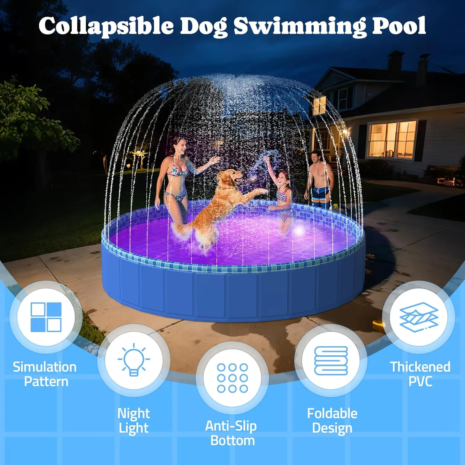 Foldable Dog Pool with Sprinkler RGB LED Light, 71" Collapsible Hard Plastic Kiddie Swimming Splash Pool for Small Medium Large Doggie Kitty Puppy, Pet Bathing Tub Wading Pool for Dogs Blue