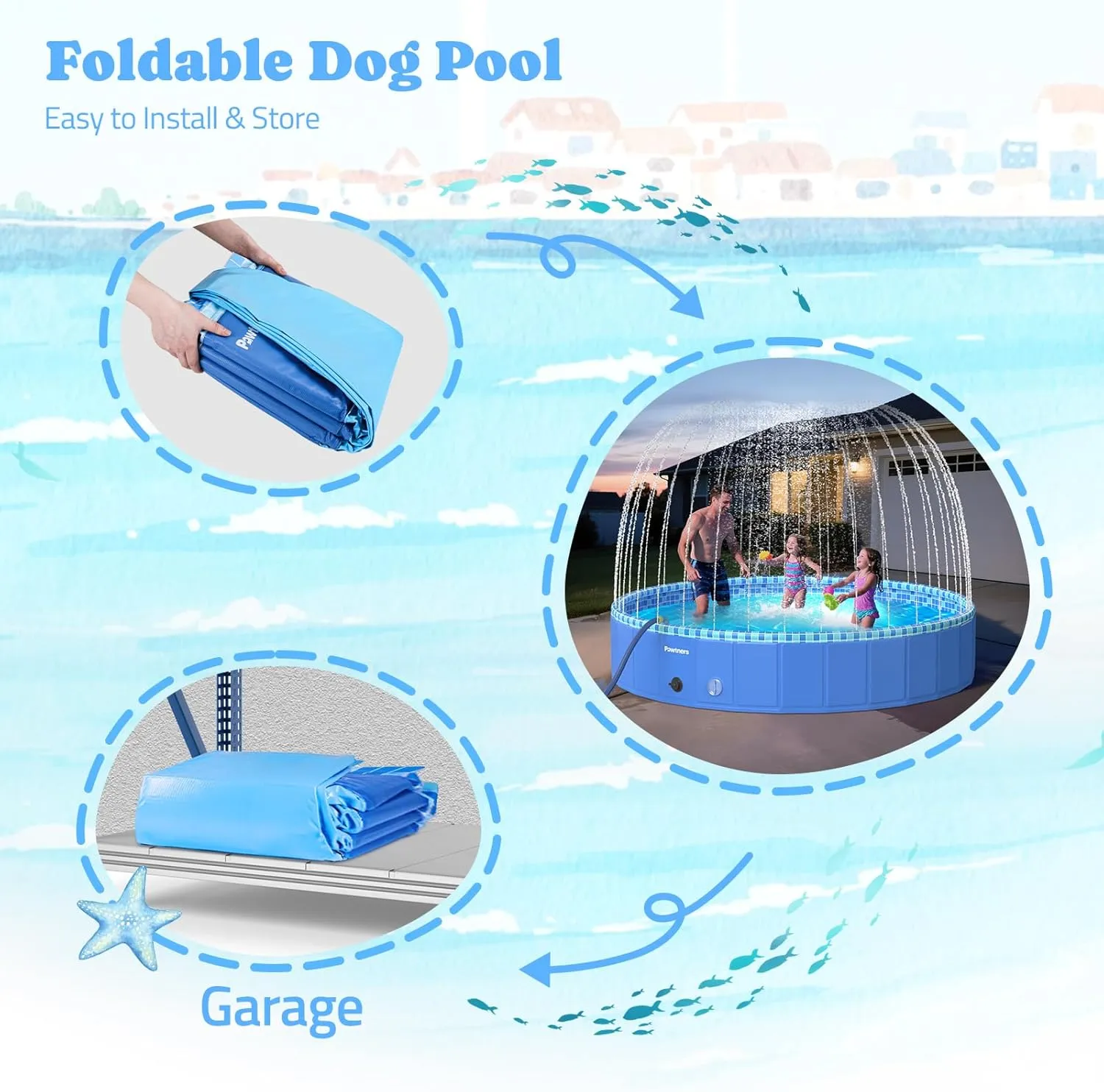 Foldable Dog Pool with Sprinkler RGB LED Light, 71" Collapsible Hard Plastic Kiddie Swimming Splash Pool for Small Medium Large Doggie Kitty Puppy, Pet Bathing Tub Wading Pool for Dogs Blue