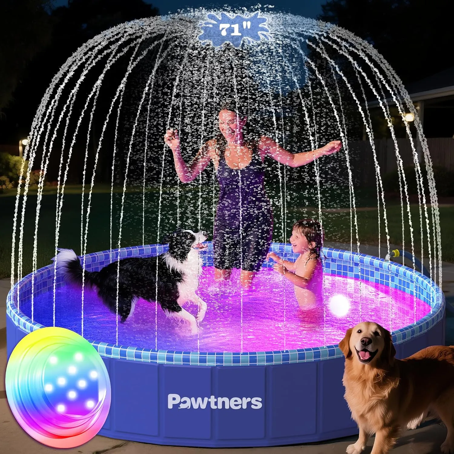 Foldable Dog Pool with Sprinkler RGB LED Light, 71" Collapsible Hard Plastic Kiddie Swimming Splash Pool for Small Medium Large Doggie Kitty Puppy, Pet Bathing Tub Wading Pool for Dogs Blue