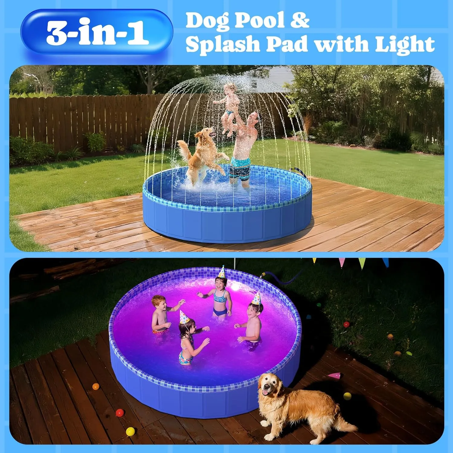 Foldable Dog Pool with Sprinkler RGB LED Light, 71" Collapsible Hard Plastic Kiddie Swimming Splash Pool for Small Medium Large Doggie Kitty Puppy, Pet Bathing Tub Wading Pool for Dogs Blue