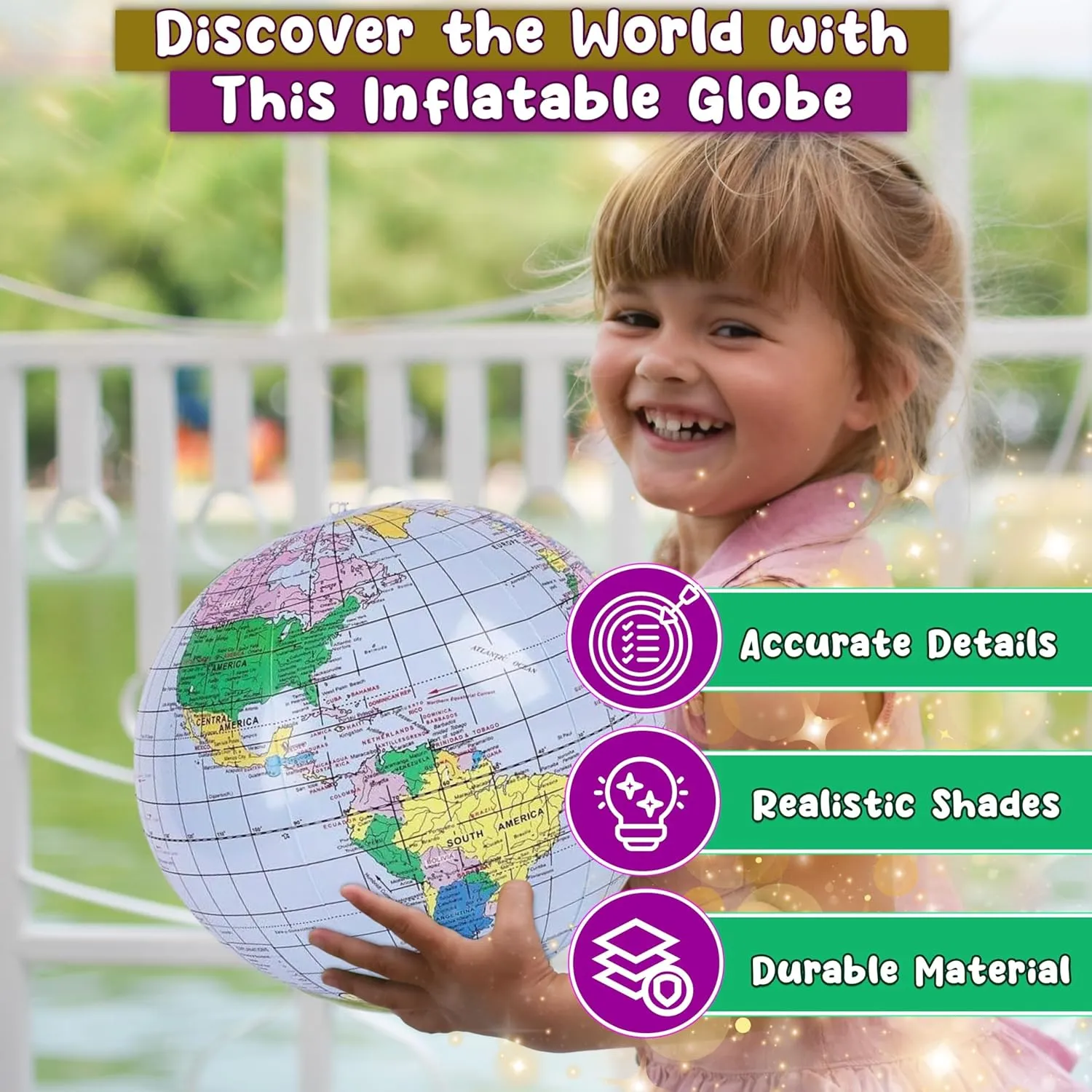 Forest & Twelfth Kids 16” Inflatable World Globe – Fun Educational Tool, Usable as Inflatable Pool Toys or Beach Ball – Features Detailed World Globe Design