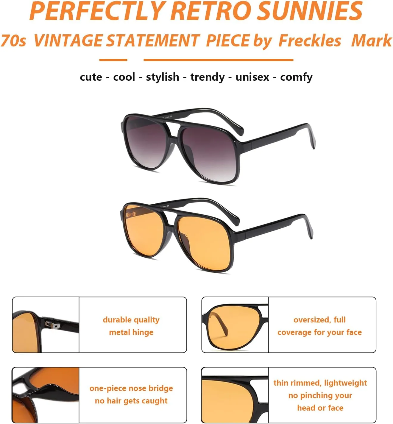 Freckles Mark Vintage Retro 70s Sunglasses for Women Men Classic Large Square Aviator Trendy Glasses