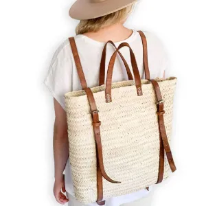 French basket with leather strap, Straw backpack, Beach bag, Hipster backpack, straw basket, summer bag