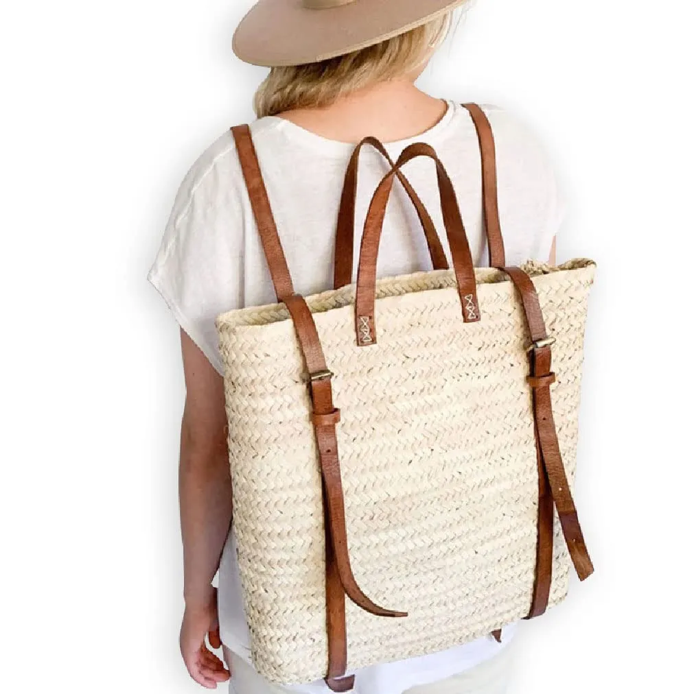 French basket with leather strap, Straw backpack, Beach bag, Hipster backpack, straw basket, summer bag