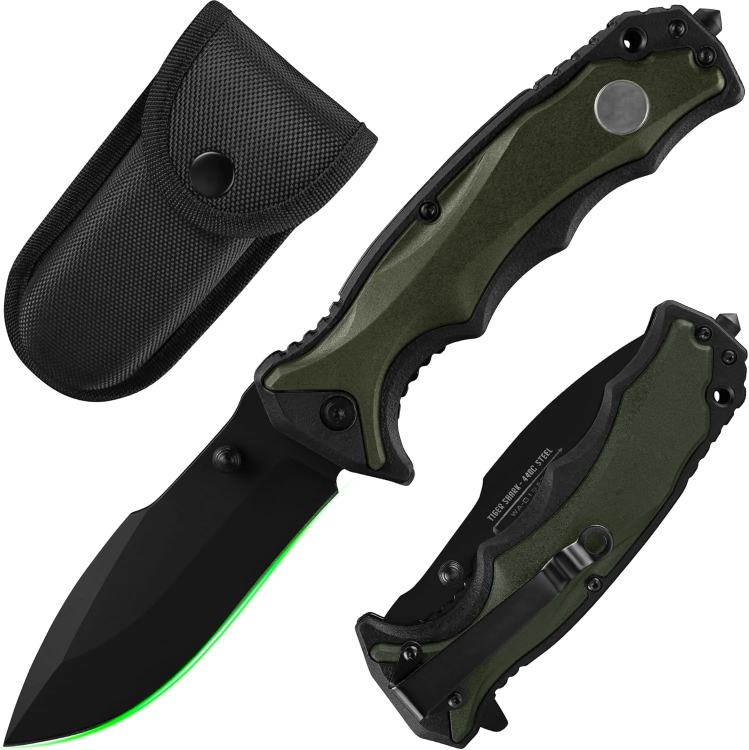 FULLHI 3.8" Folding Pocket Knife with nylon pouch, 440C Steel Blade, PP TPR Handle EDC Knife with Pocket Clip,Camping Survival Hiking Knives for Men,Women (Black)
