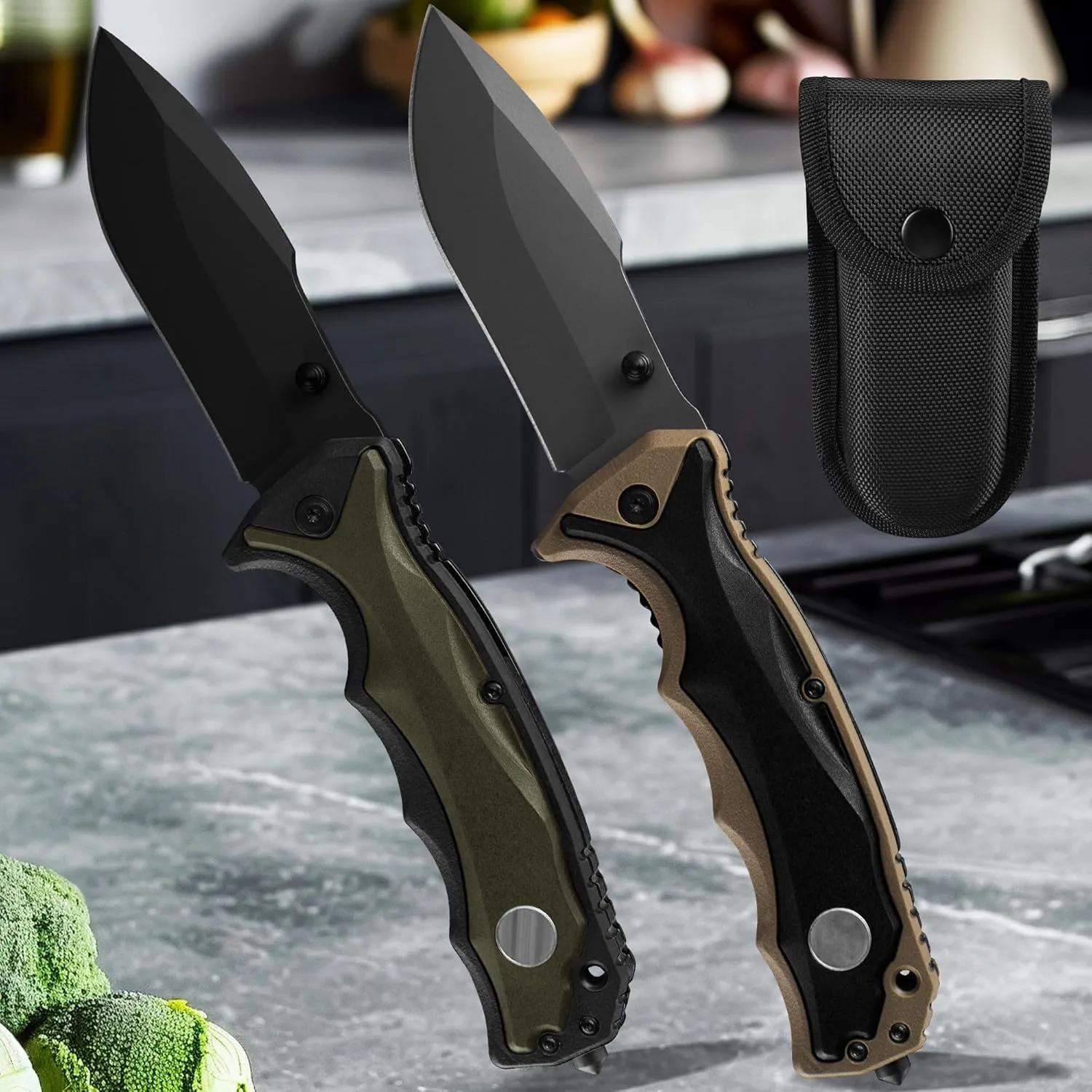 FULLHI 3.8" Folding Pocket Knife with nylon pouch, 440C Steel Blade, PP TPR Handle EDC Knife with Pocket Clip,Camping Survival Hiking Knives for Men,Women (Black)