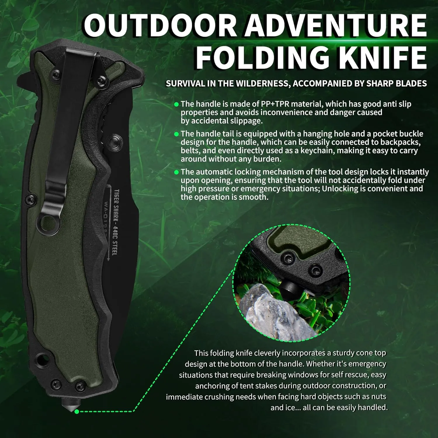 FULLHI 3.8" Folding Pocket Knife with nylon pouch, 440C Steel Blade, PP TPR Handle EDC Knife with Pocket Clip,Camping Survival Hiking Knives for Men,Women (Black)