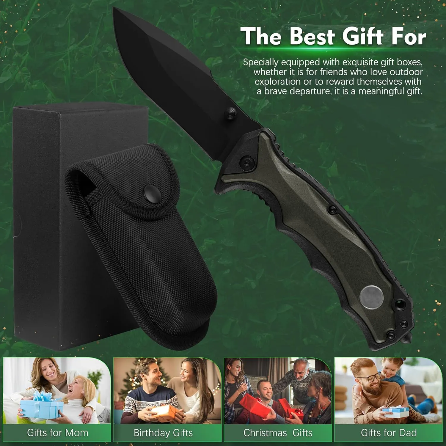 FULLHI 3.8" Folding Pocket Knife with nylon pouch, 440C Steel Blade, PP TPR Handle EDC Knife with Pocket Clip,Camping Survival Hiking Knives for Men,Women (Black)