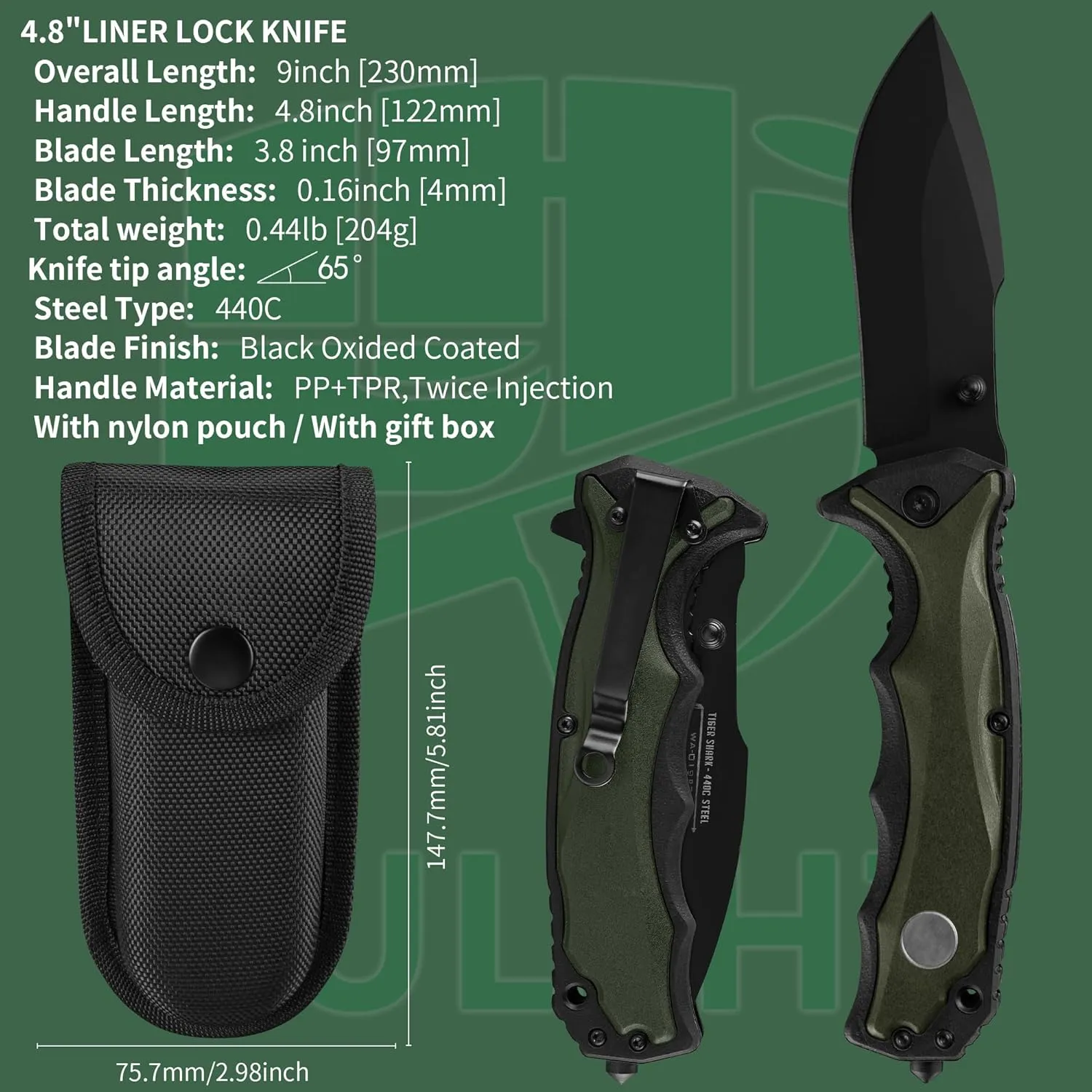 FULLHI 3.8" Folding Pocket Knife with nylon pouch, 440C Steel Blade, PP TPR Handle EDC Knife with Pocket Clip,Camping Survival Hiking Knives for Men,Women (Black)