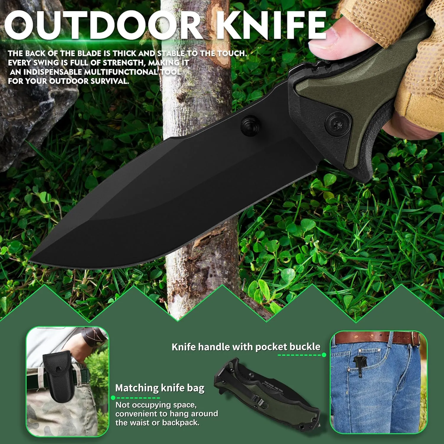 FULLHI 3.8" Folding Pocket Knife with nylon pouch, 440C Steel Blade, PP TPR Handle EDC Knife with Pocket Clip,Camping Survival Hiking Knives for Men,Women (Black)