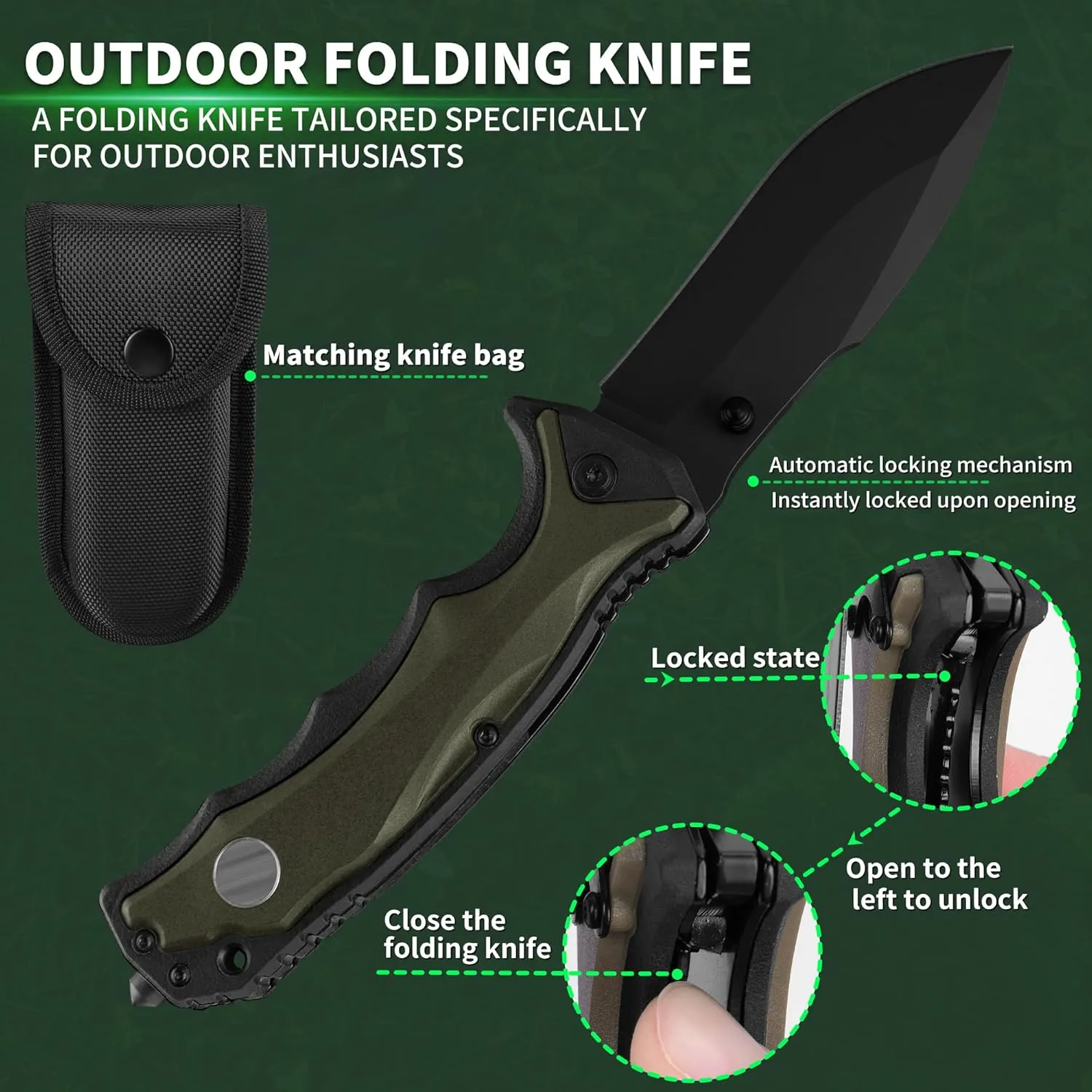 FULLHI 3.8" Folding Pocket Knife with nylon pouch, 440C Steel Blade, PP TPR Handle EDC Knife with Pocket Clip,Camping Survival Hiking Knives for Men,Women (Black)