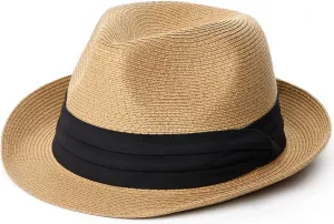 FURTALK Fedora Straw Sun Hat for Men Women Foldable Roll Up Short Brim Trilby Hat Panama Beach Hat UPF 80 