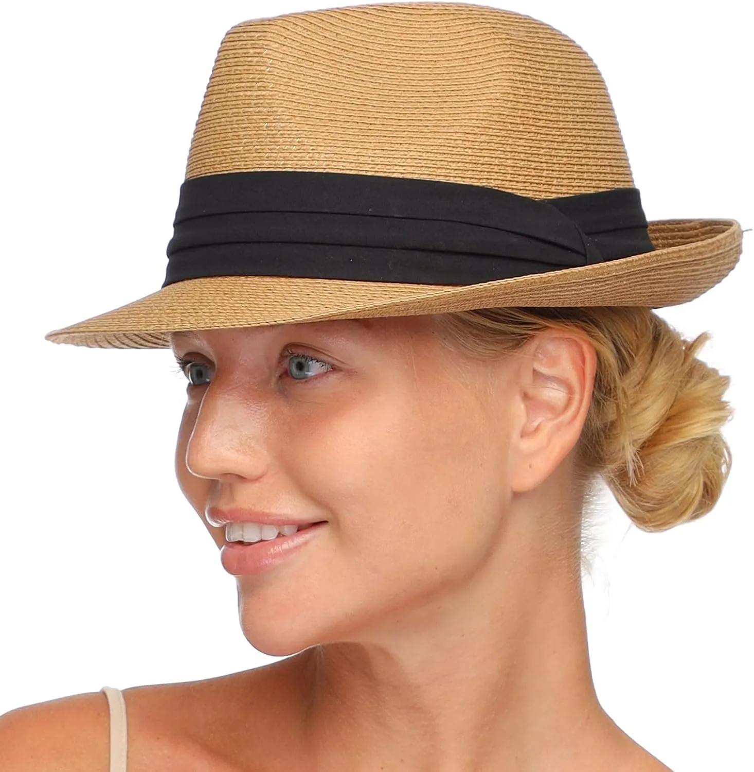 FURTALK Fedora Straw Sun Hat for Men Women Foldable Roll Up Short Brim Trilby Hat Panama Beach Hat UPF 80 