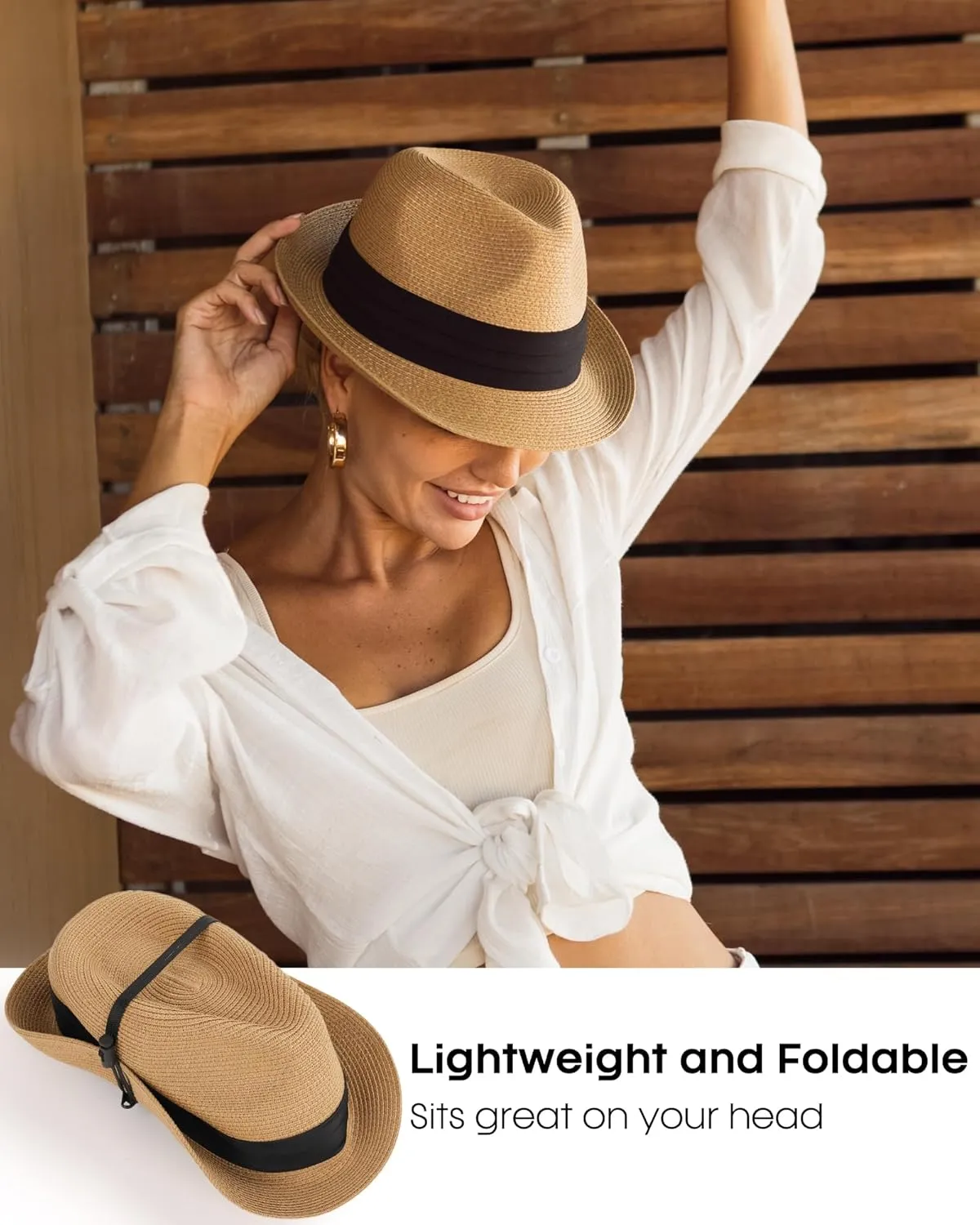 FURTALK Fedora Straw Sun Hat for Men Women Foldable Roll Up Short Brim Trilby Hat Panama Beach Hat UPF 80 