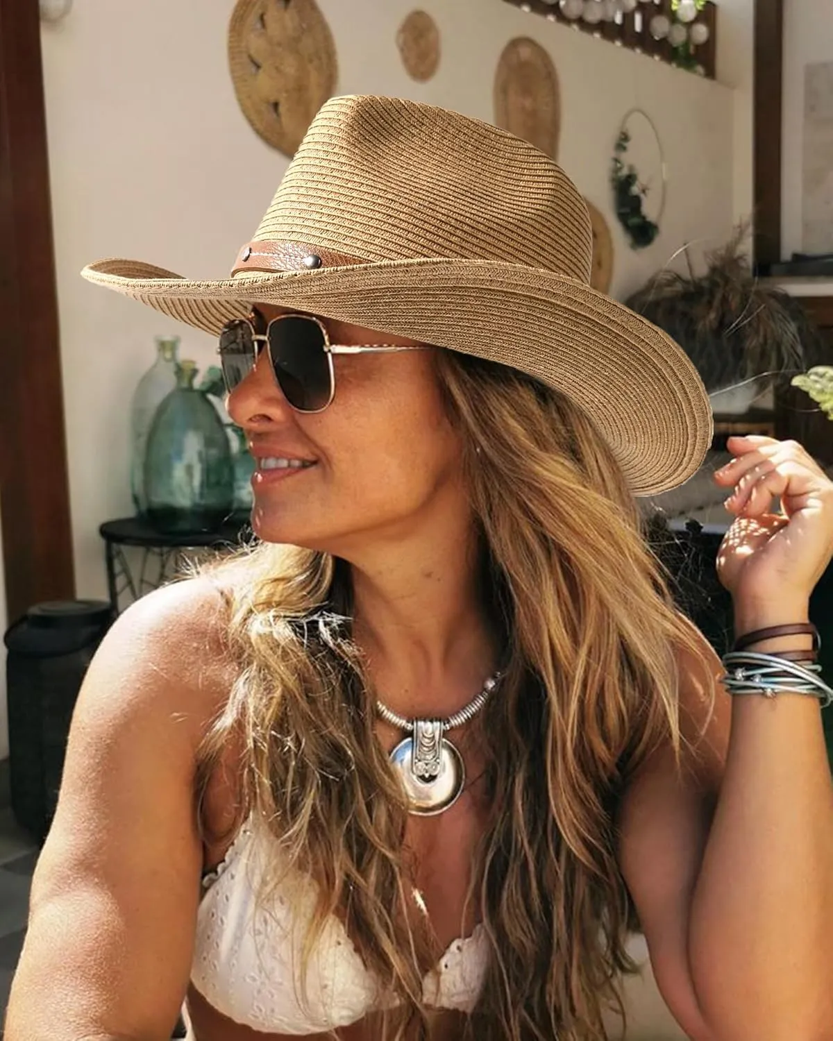 FURTALK Straw Cowboy Sun Hats for Women Men Western Cowgirl Hats with Wind Lanyard UPF 80  Beach Hat