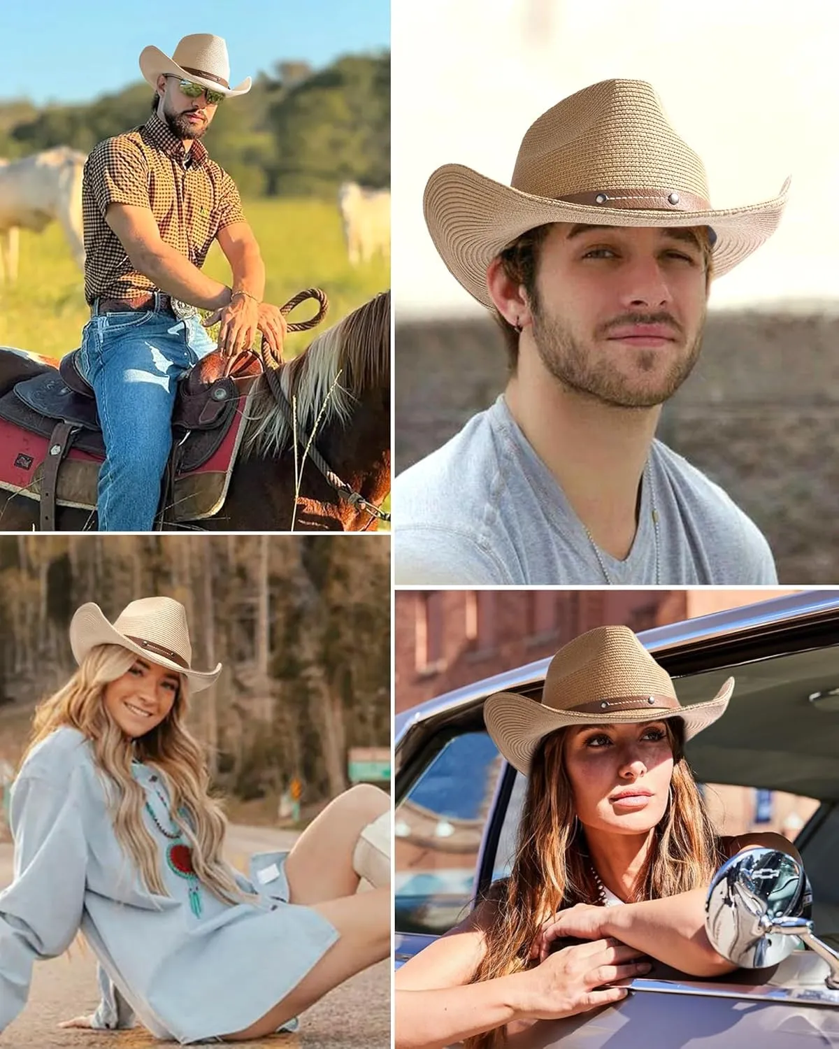 FURTALK Straw Cowboy Sun Hats for Women Men Western Cowgirl Hats with Wind Lanyard UPF 80  Beach Hat