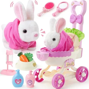 G.C Kids Bunny Toys Rabbit Plush with Stroller, Hopping Walking Electronic Interactive Stuffed Animal Accessories Pretend Play Pet Care Playset Gifts for Girls Toddlers 3 4 5 6  Year Old
