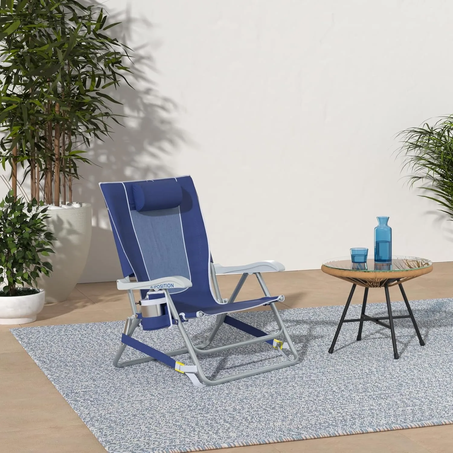 GCI OUTDOOR Backpack Beach Chair | Reclining Folding Chair with Durable Armrests, Drink Holder & Carry Straps, Perfect for Beach Trips & Picnics — Nautical Blue