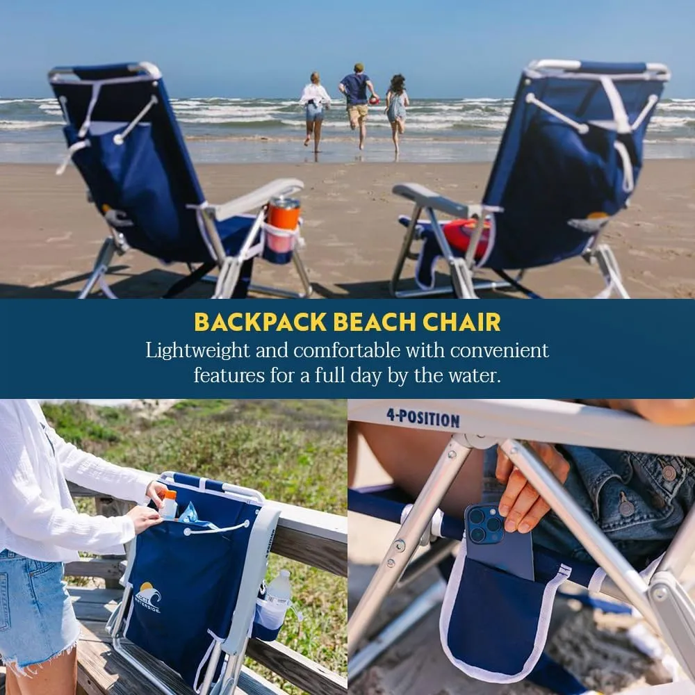 GCI OUTDOOR Backpack Beach Chair | Reclining Folding Chair with Durable Armrests, Drink Holder & Carry Straps, Perfect for Beach Trips & Picnics — Nautical Blue