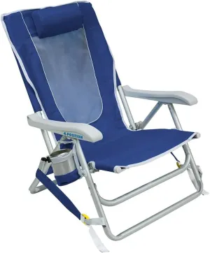 GCI OUTDOOR Backpack Beach Chair | Reclining Folding Chair with Durable Armrests, Drink Holder & Carry Straps, Perfect for Beach Trips & Picnics — Nautical Blue