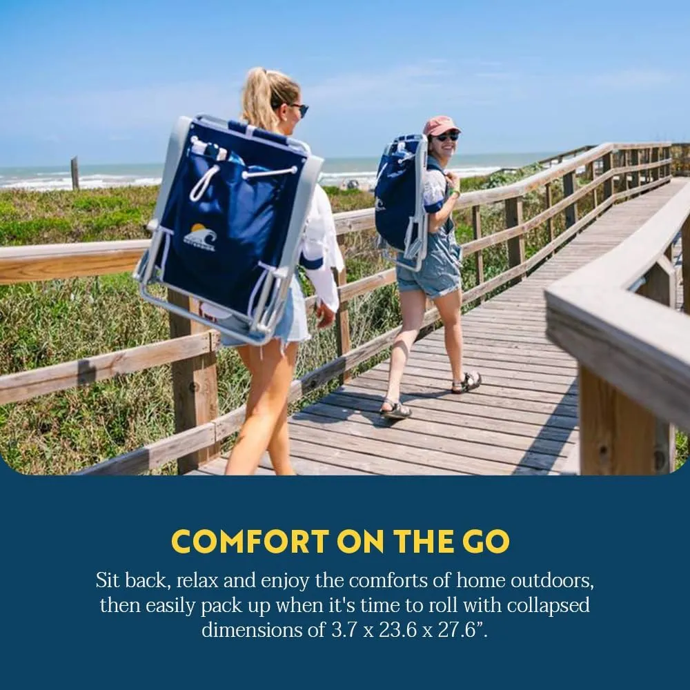GCI OUTDOOR Backpack Beach Chair | Reclining Folding Chair with Durable Armrests, Drink Holder & Carry Straps, Perfect for Beach Trips & Picnics — Nautical Blue