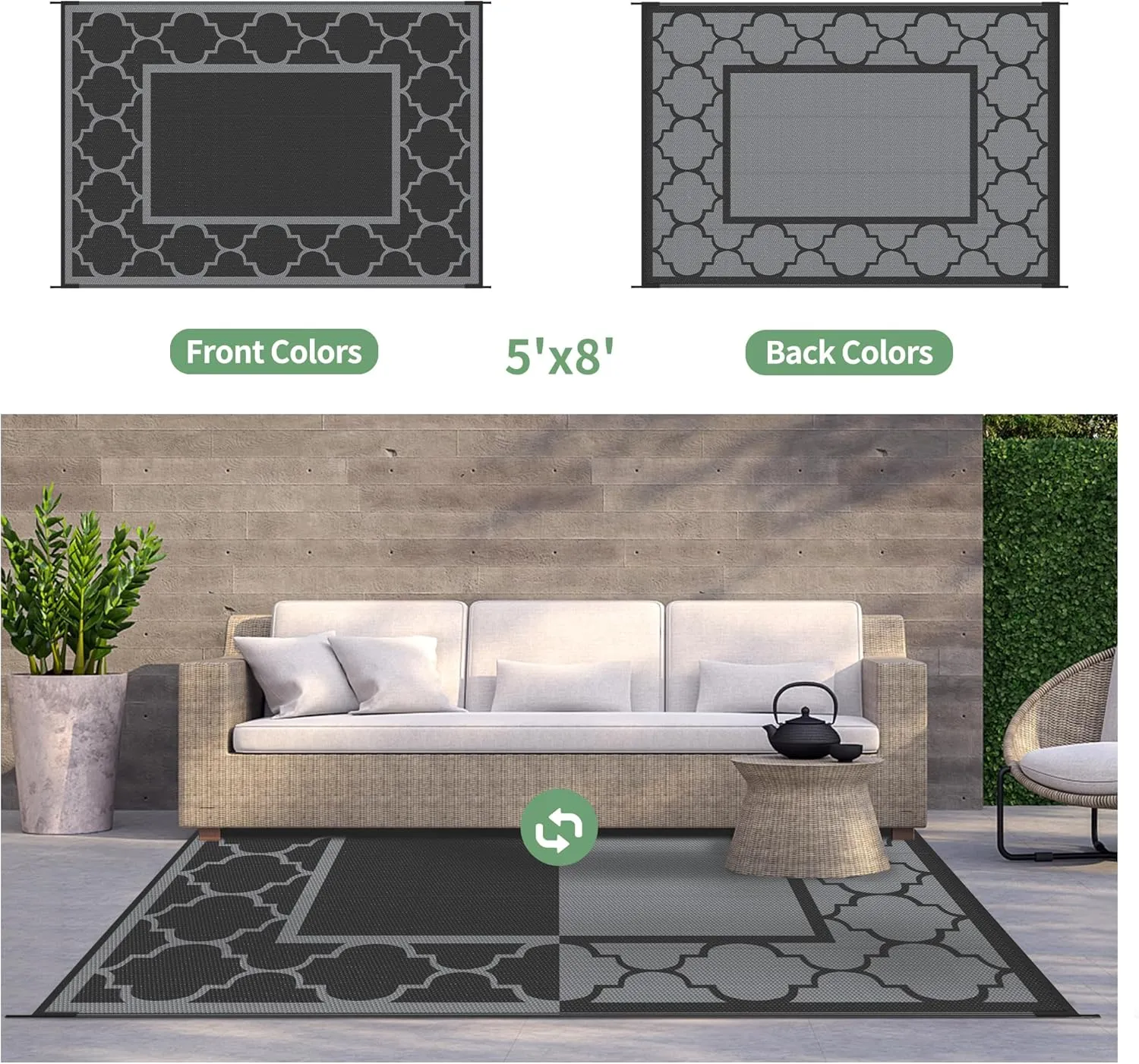 GENIMO 5' x 8' Outdoor Rug Waterproof for Patio Decor, Foldable Reversible Plastic Straw Area Rugs Mat for Camper, Outside Carpet for Rv, Deck, Porch, Picnic, Beach, Balcony, Black & Grey