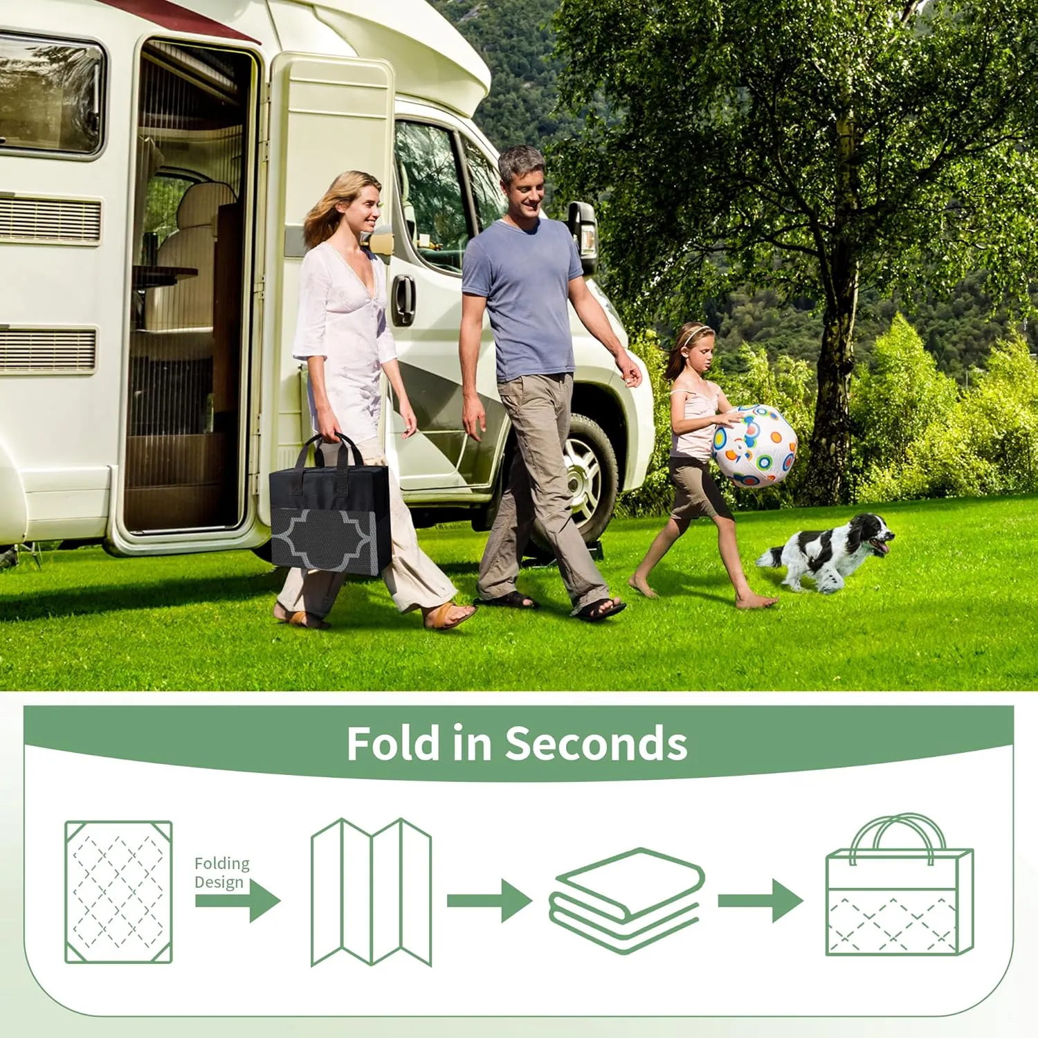 GENIMO 5' x 8' Outdoor Rug Waterproof for Patio Decor, Foldable Reversible Plastic Straw Area Rugs Mat for Camper, Outside Carpet for Rv, Deck, Porch, Picnic, Beach, Balcony, Black & Grey