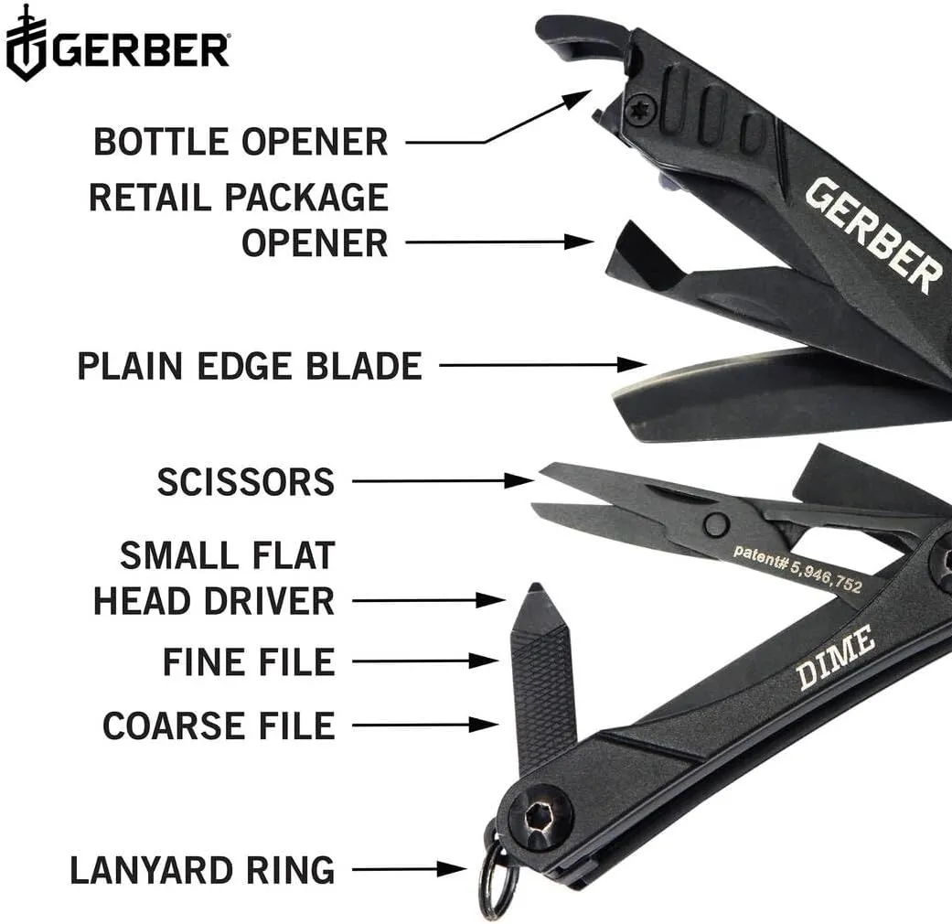 Gerber Gear Dime 12-in-1 Mini EDC Multitool - Needle Nose Pliers, Pocket Knife, Keychain, Bottle Opener - Gifts for Men, EDC Gear and Equipment - Black