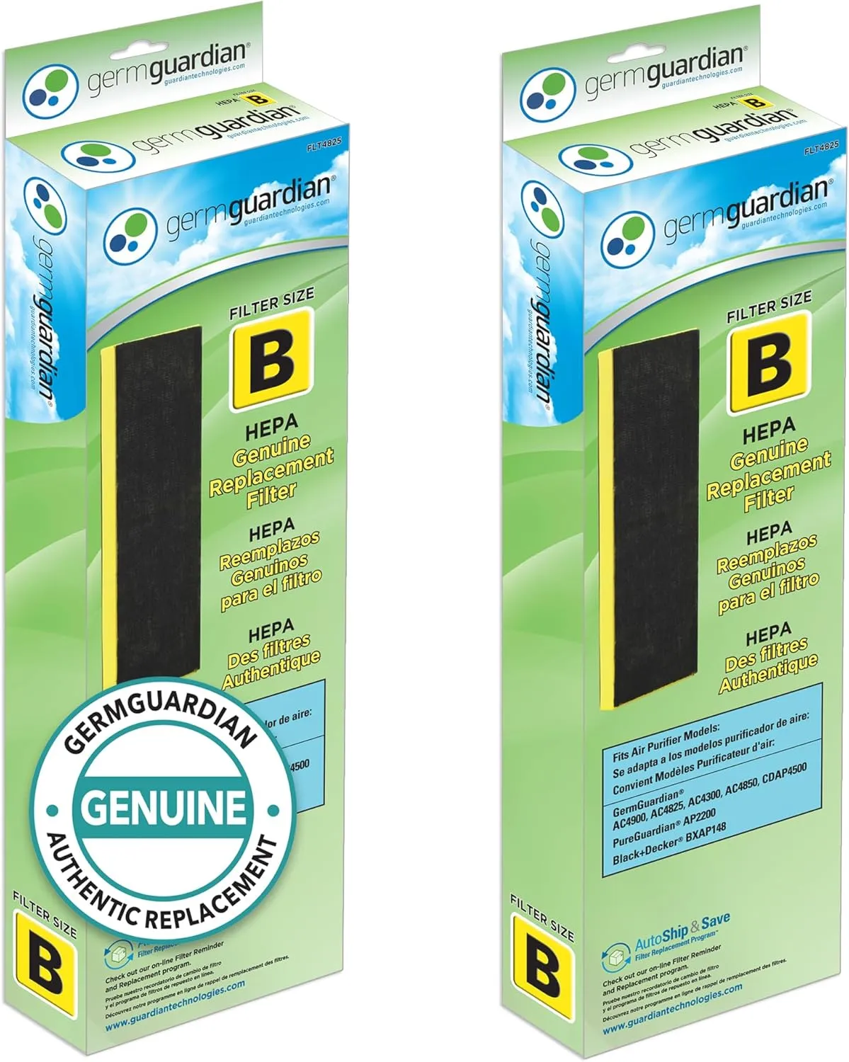 GermGuardian Filter B HEPA Pure Genuine Air Purifier Filter, Removes 99.97% of Pollutants, Wildfire Smoke, Odors, for AC4825, AC4300, AC4900, AC4880, AC4850, CDAP4500, 2-Pack, Black/Yellow, FLT48252PK