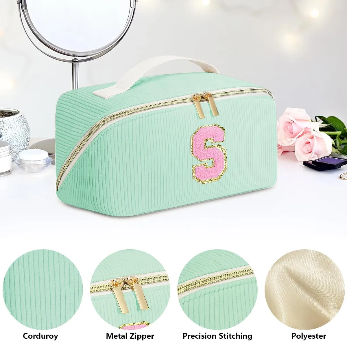 Gifts for Girls, Initial Travel Makeup Bag Women's Day Gift Make up Bag Cosmetic Bags Monther's Day Gifts, Personalized Stuff Bag Cute Makeup Bag Birthday Gifts for Women/Friend/Mother Green - F