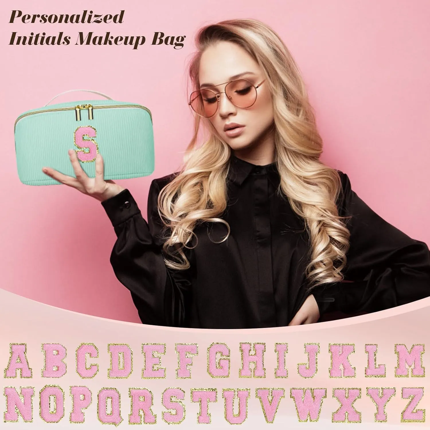 Gifts for Girls, Initial Travel Makeup Bag Women's Day Gift Make up Bag Cosmetic Bags Monther's Day Gifts, Personalized Stuff Bag Cute Makeup Bag Birthday Gifts for Women/Friend/Mother Green - F