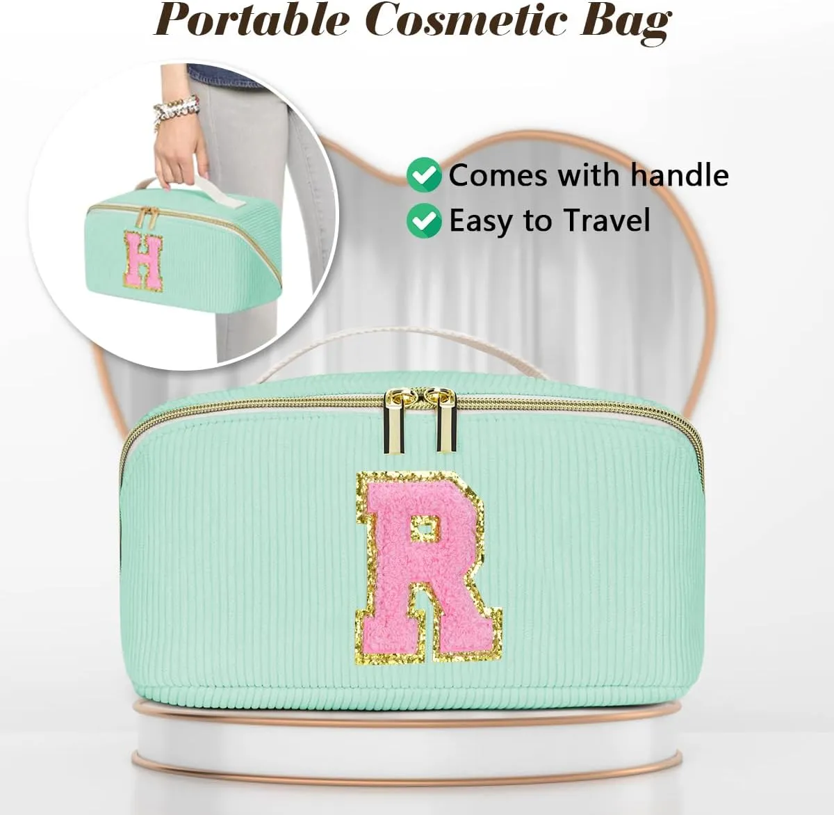 Gifts for Girls, Initial Travel Makeup Bag Women's Day Gift Make up Bag Cosmetic Bags Monther's Day Gifts, Personalized Stuff Bag Cute Makeup Bag Birthday Gifts for Women/Friend/Mother Green - F