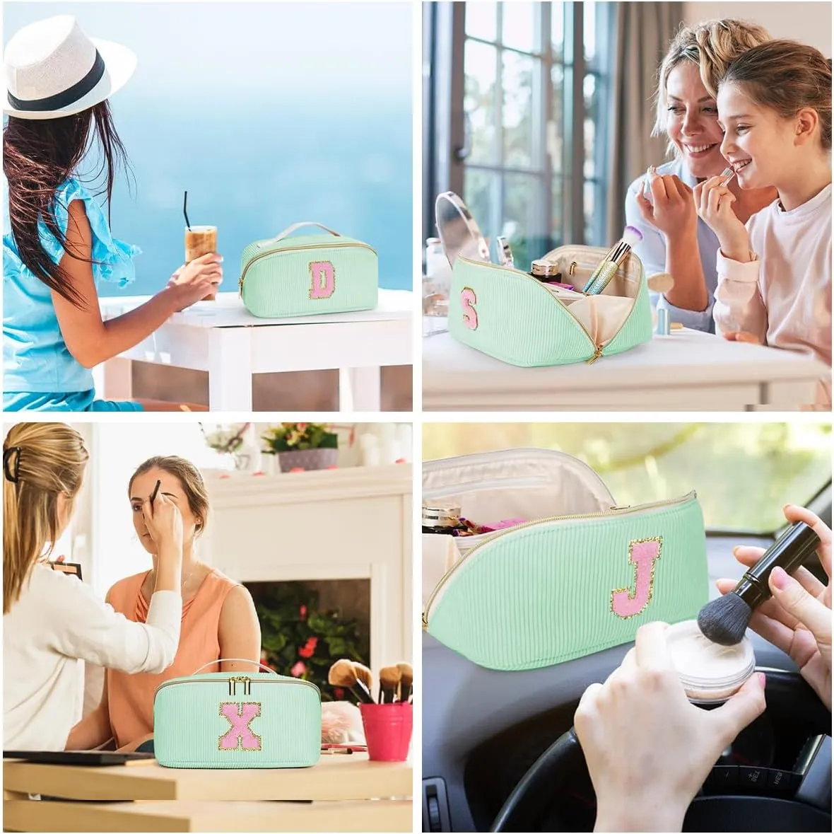 Gifts for Girls, Initial Travel Makeup Bag Women's Day Gift Make up Bag Cosmetic Bags Monther's Day Gifts, Personalized Stuff Bag Cute Makeup Bag Birthday Gifts for Women/Friend/Mother Green - F