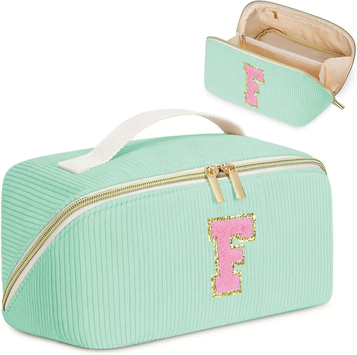 Gifts for Girls, Initial Travel Makeup Bag Women's Day Gift Make up Bag Cosmetic Bags Monther's Day Gifts, Personalized Stuff Bag Cute Makeup Bag Birthday Gifts for Women/Friend/Mother Green - F