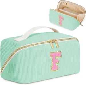 Gifts for Girls, Initial Travel Makeup Bag Women's Day Gift Make up Bag Cosmetic Bags Monther's Day Gifts, Personalized Stuff Bag Cute Makeup Bag Birthday Gifts for Women/Friend/Mother Green - F