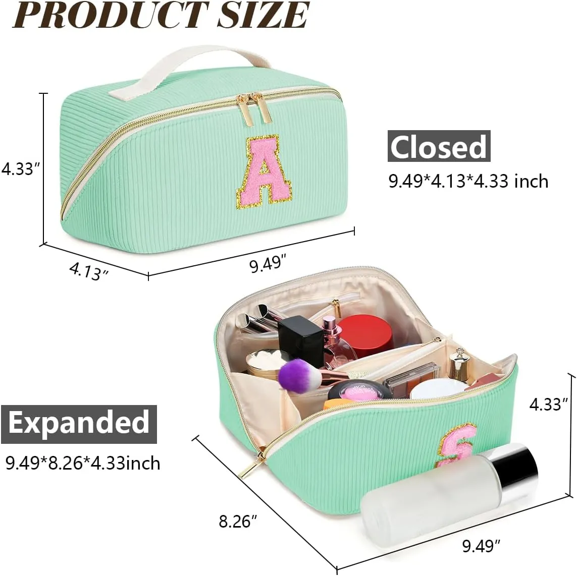 Gifts for Girls, Initial Travel Makeup Bag Women's Day Gift Make up Bag Cosmetic Bags Monther's Day Gifts, Personalized Stuff Bag Cute Makeup Bag Birthday Gifts for Women/Friend/Mother Green - F