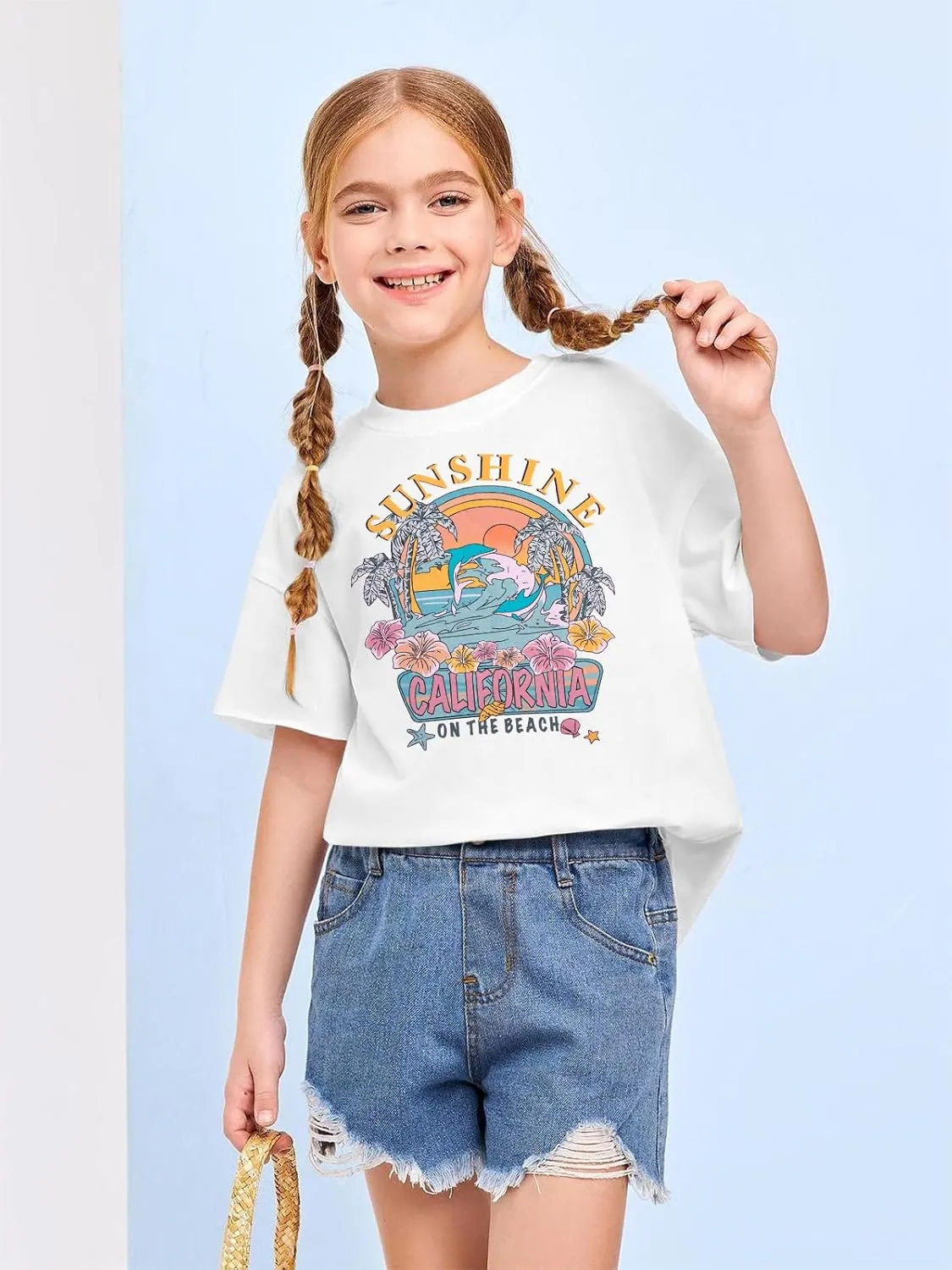 Girl Beach Shirt Sunrise Sunset Sunshine T Shirt for Teen Girls Hawaiian Oversized Graphic Tees Summer Vacation Tops