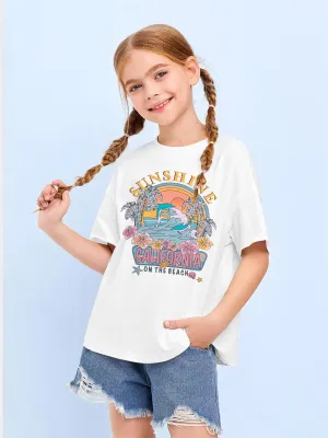 Girl Beach Shirt Sunrise Sunset Sunshine T Shirt for Teen Girls Hawaiian Oversized Graphic Tees Summer Vacation Tops