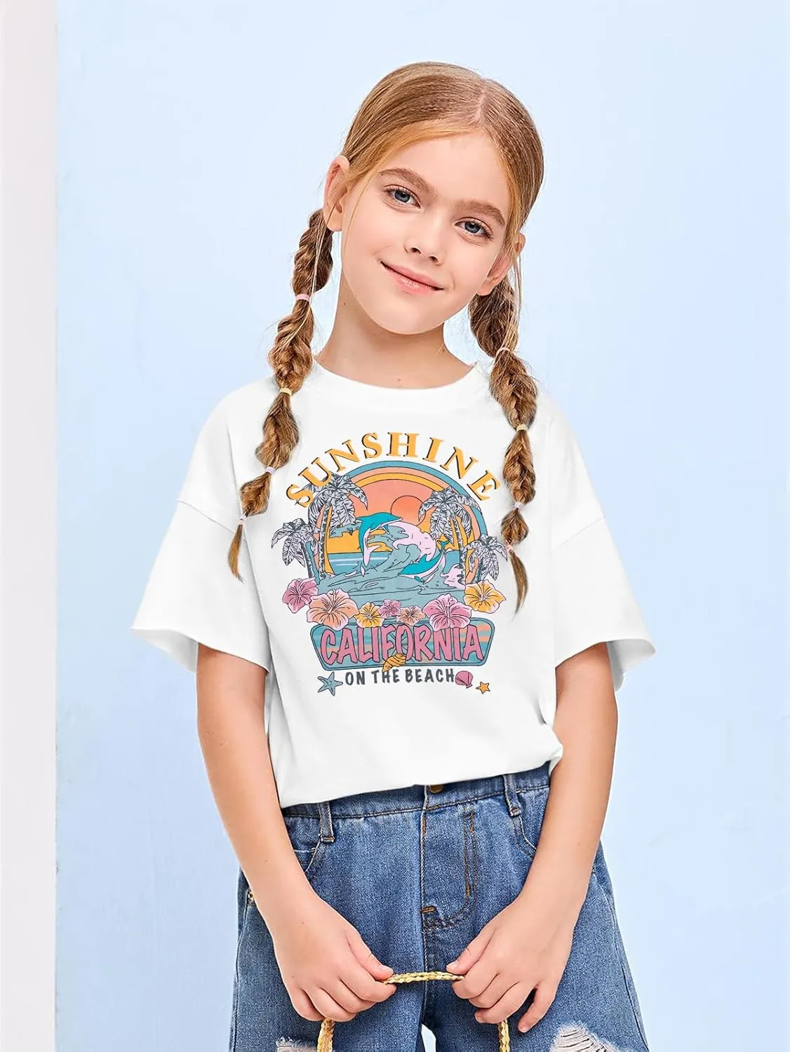 Girl Beach Shirt Sunrise Sunset Sunshine T Shirt for Teen Girls Hawaiian Oversized Graphic Tees Summer Vacation Tops