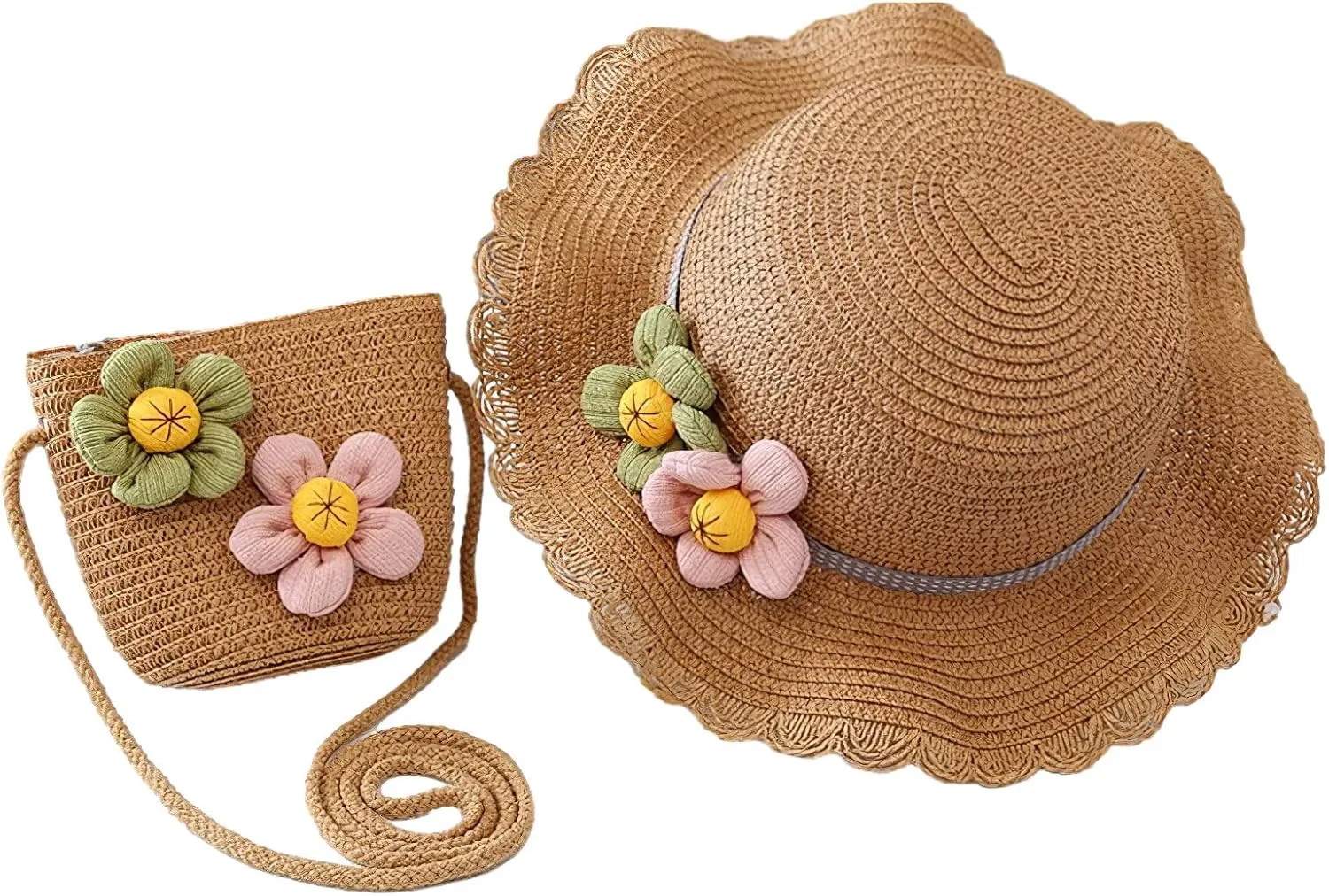 Girls Straw Hat Purse Bag Set Lace Brim Flowers Pearl Summer Beach Sun Hat Princess Shoulder Crossbody Bag Chin Strap