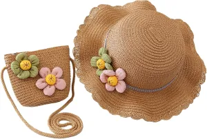 Girls Straw Hat Purse Bag Set Lace Brim Flowers Pearl Summer Beach Sun Hat Princess Shoulder Crossbody Bag Chin Strap