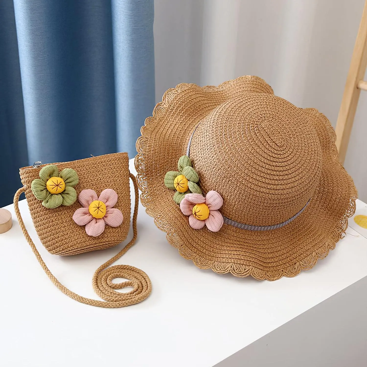 Girls Straw Hat Purse Bag Set Lace Brim Flowers Pearl Summer Beach Sun Hat Princess Shoulder Crossbody Bag Chin Strap